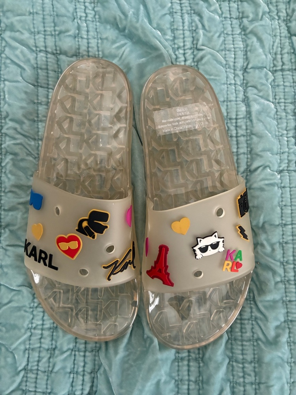 Karl Lagerfeld Clear Jelly Slide Sandals with Multicolor Charms